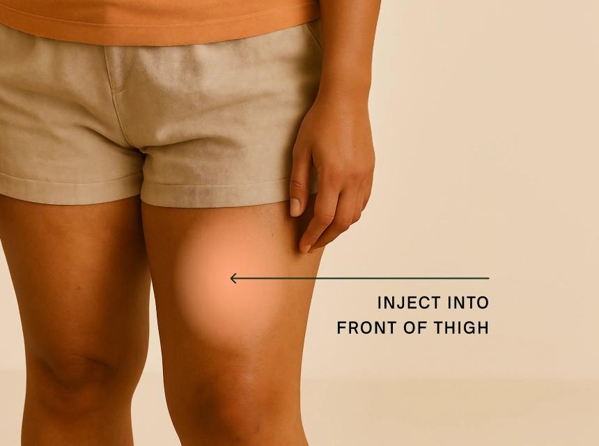 Visual guide showing correct Mounjaro injection site on the front of the thigh, with highlighted area and directional arrow for clarity.