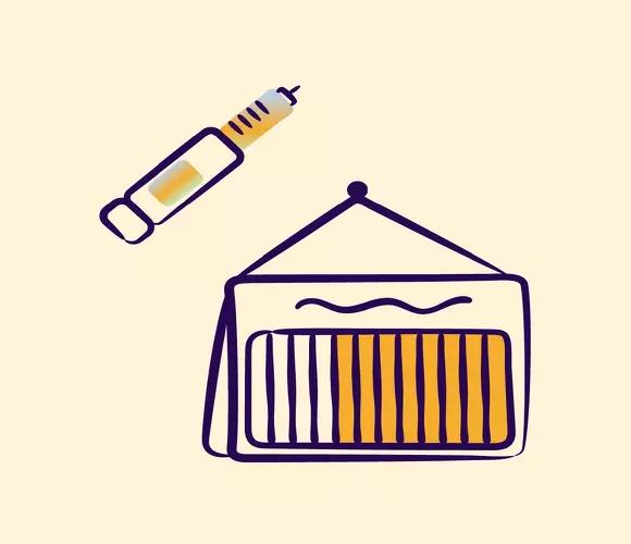 Illustration of a syringe and a dose schedule chart, representing weight loss maintenance doses for medications like Mounjaro, Wegovy, and Saxenda.