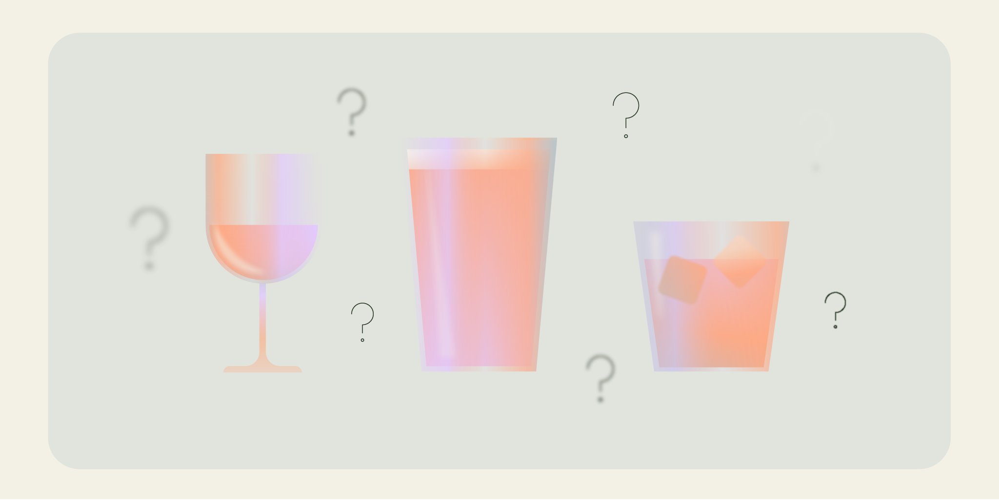 Illustration showing different alcoholic drinks with question marks, highlighting uncertainty around alcohol use while taking Mounjaro.