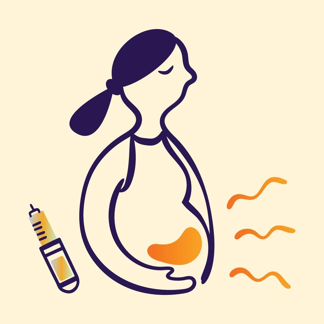 Illustration of a pregnant woman with an injection pen, showing considerations of using Mounjaro during pregnancy.