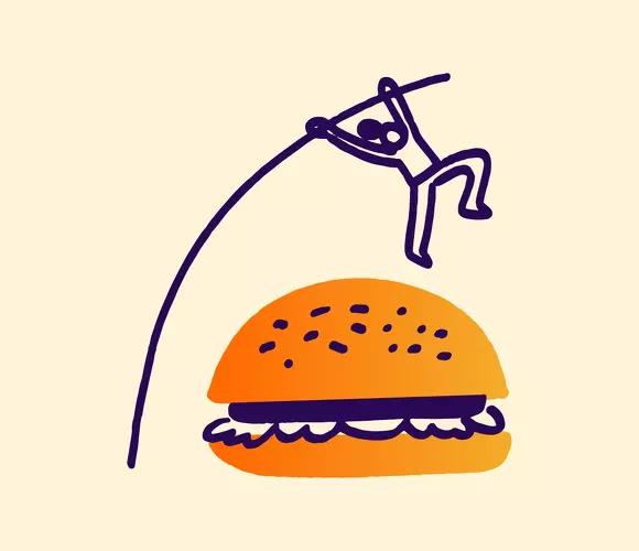 Illustration of a person pole-vaulting over a burger, symbolising healthy food choices on the Mounjaro diet.