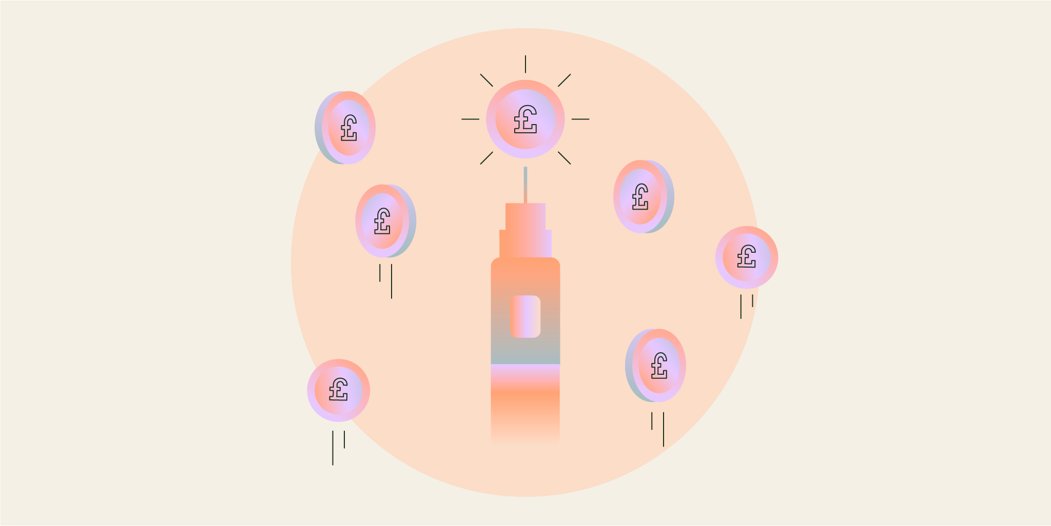 An illustration showing a Mounjaro pen surrounded by pound symbols, representing rising costs and price changes.