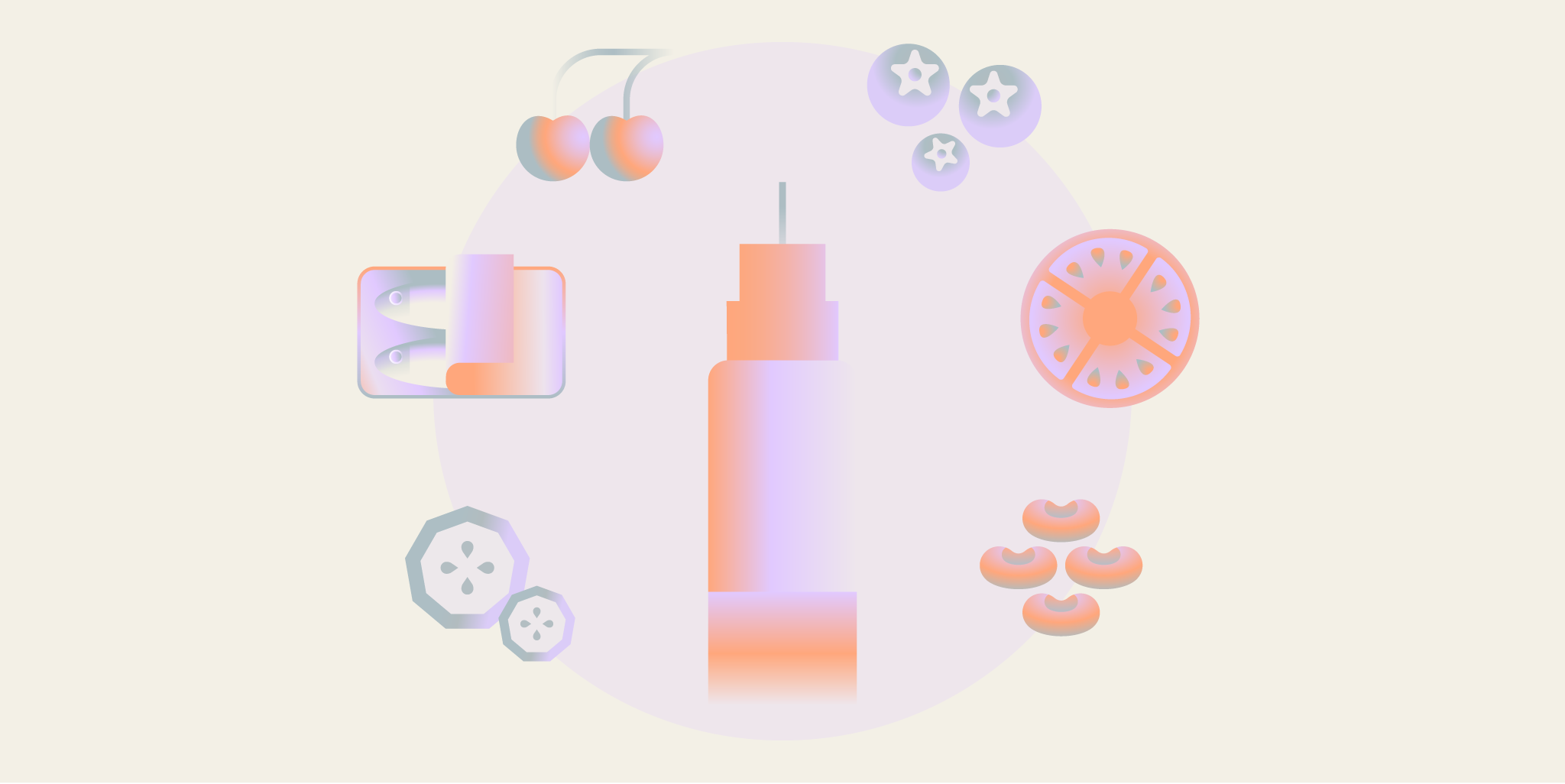 Illustration of a Mounjaro pen surrounded by nutrient-rich foods such as fruit, avocado, beans, and whole foods.