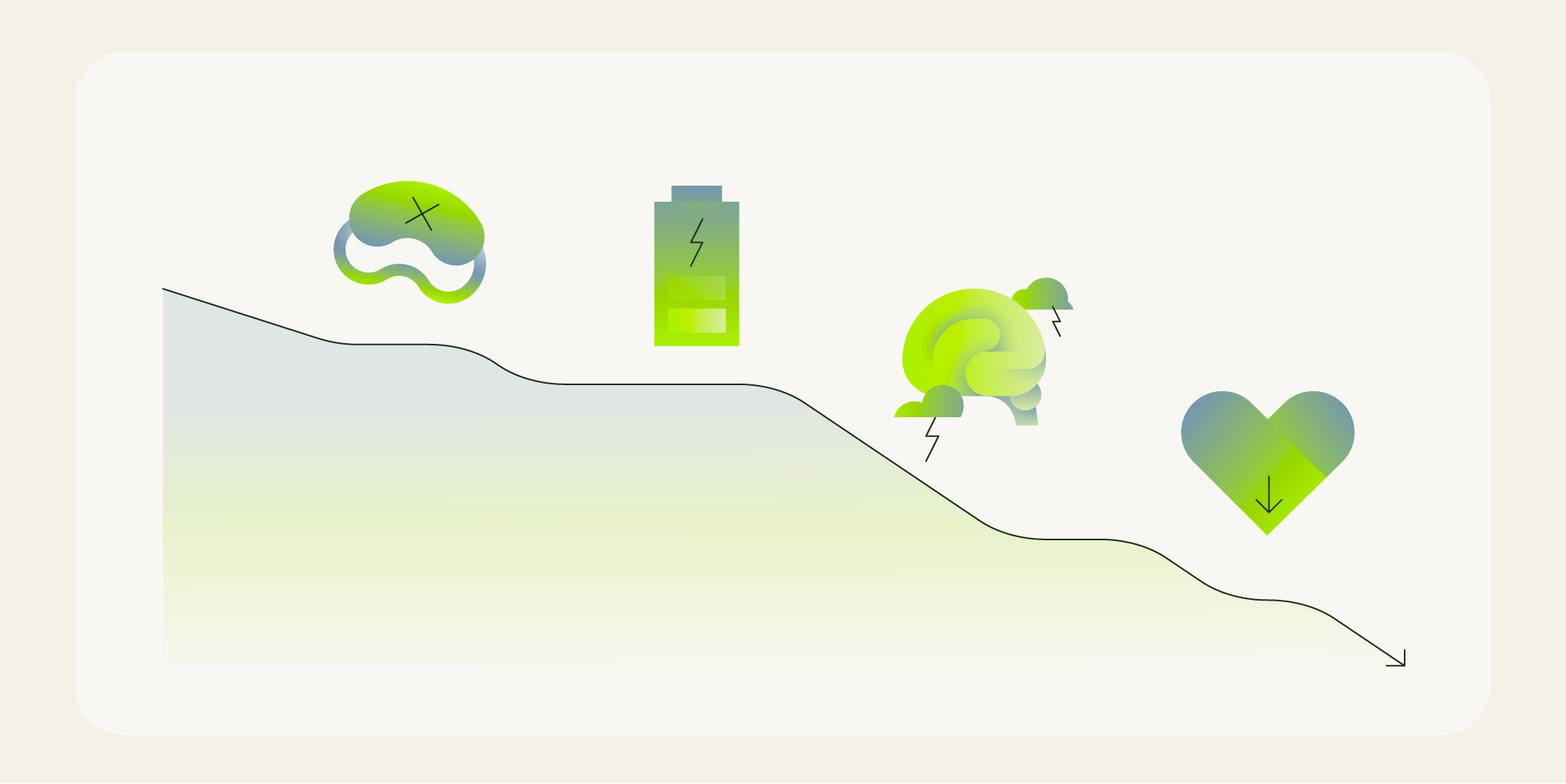 Shows a downward hormone trend with common male menopause symptoms, including fatigue, mood changes, muscle loss and low libido.