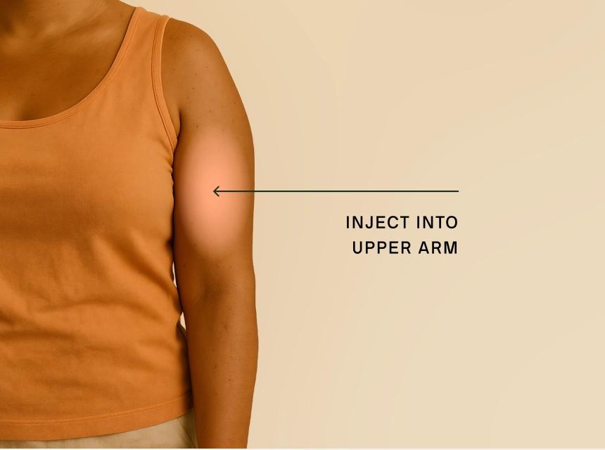 Visual guide showing correct Mounjaro injection site in the upper arm, with highlighted area and directional arrow for clarity.