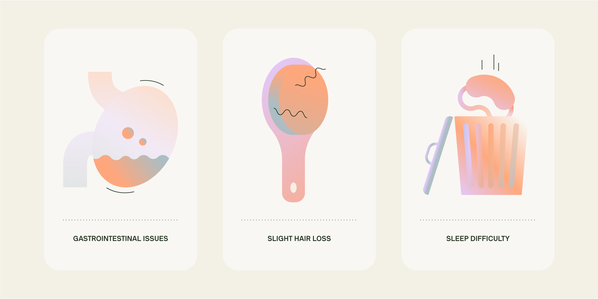 Three illustrated Mounjaro side effects: gastrointestinal issues, slight hair loss, and sleep difficulty.