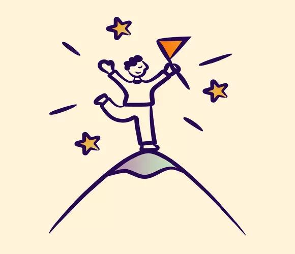 Illustration of a person celebrating on top of a mountain, symbolising achievement and motivation.