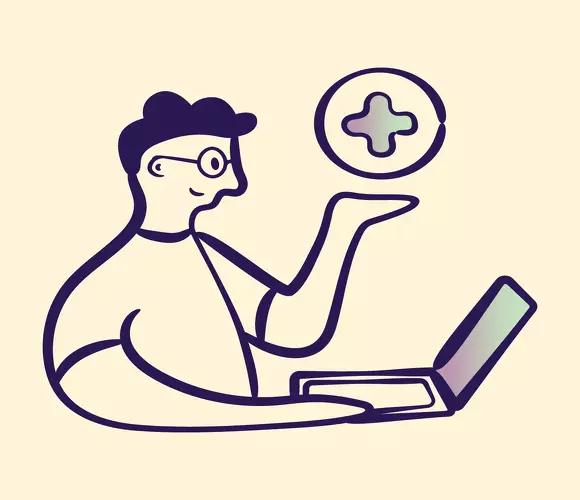 Illustration of a person using a laptop, researching where and how to buy Mounjaro.