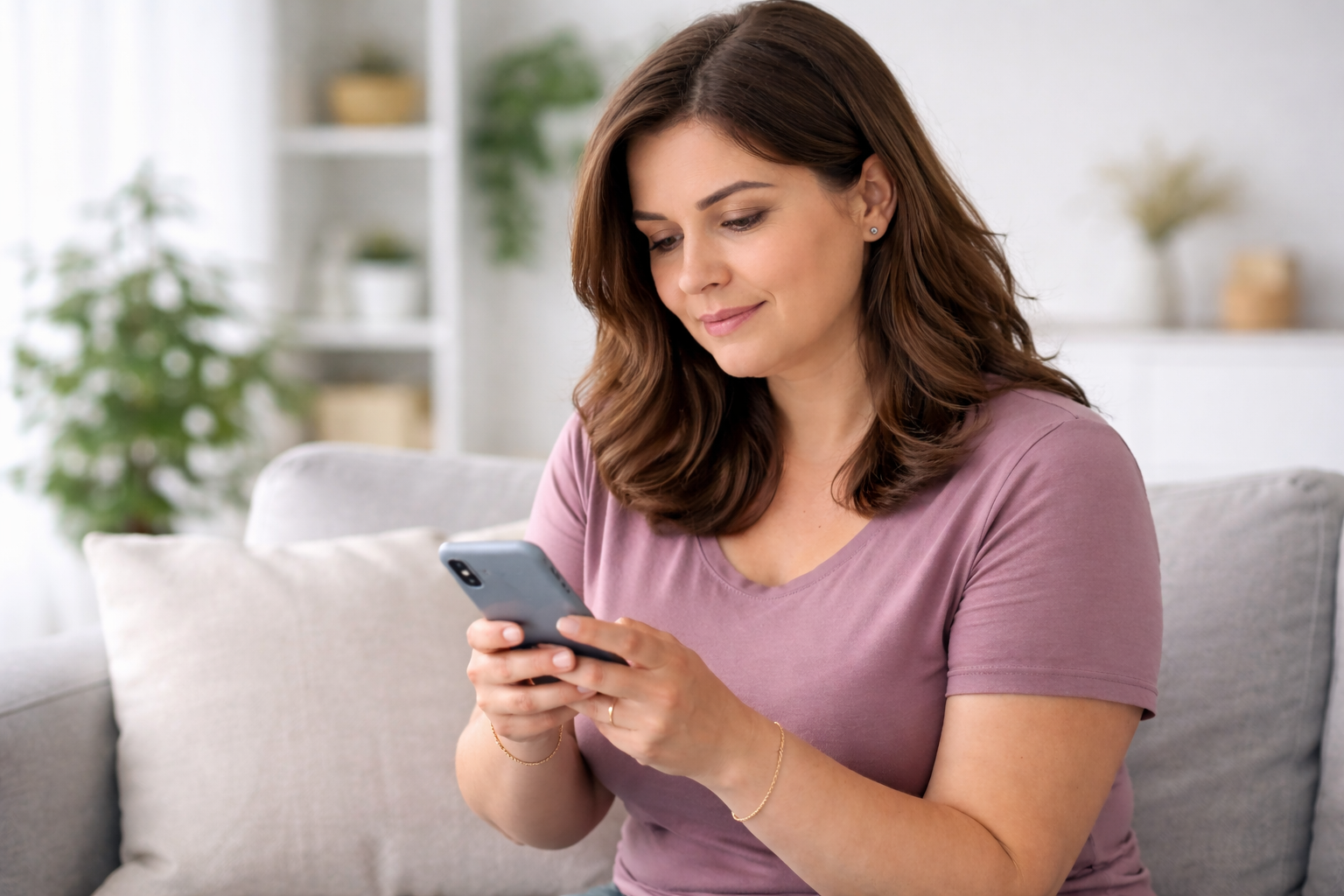 Mulher pesquisando sobre tratamento para emagrecer pelo celular em casa
