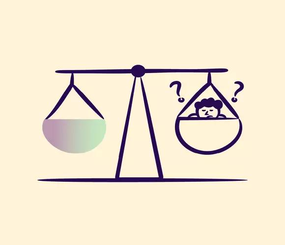 An illustration of a balancing scale with one side holding a weight and the other side holding a confused person, symbolizing the challenges and confusion around achieving weight loss balance.