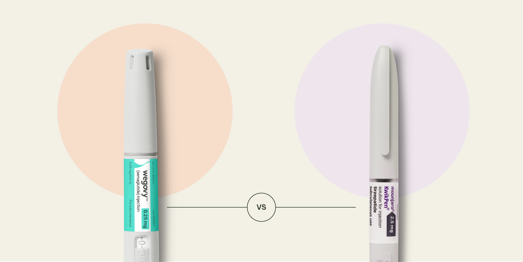 Side-by-side comparison of Wegovy and Mounjaro injection pens.