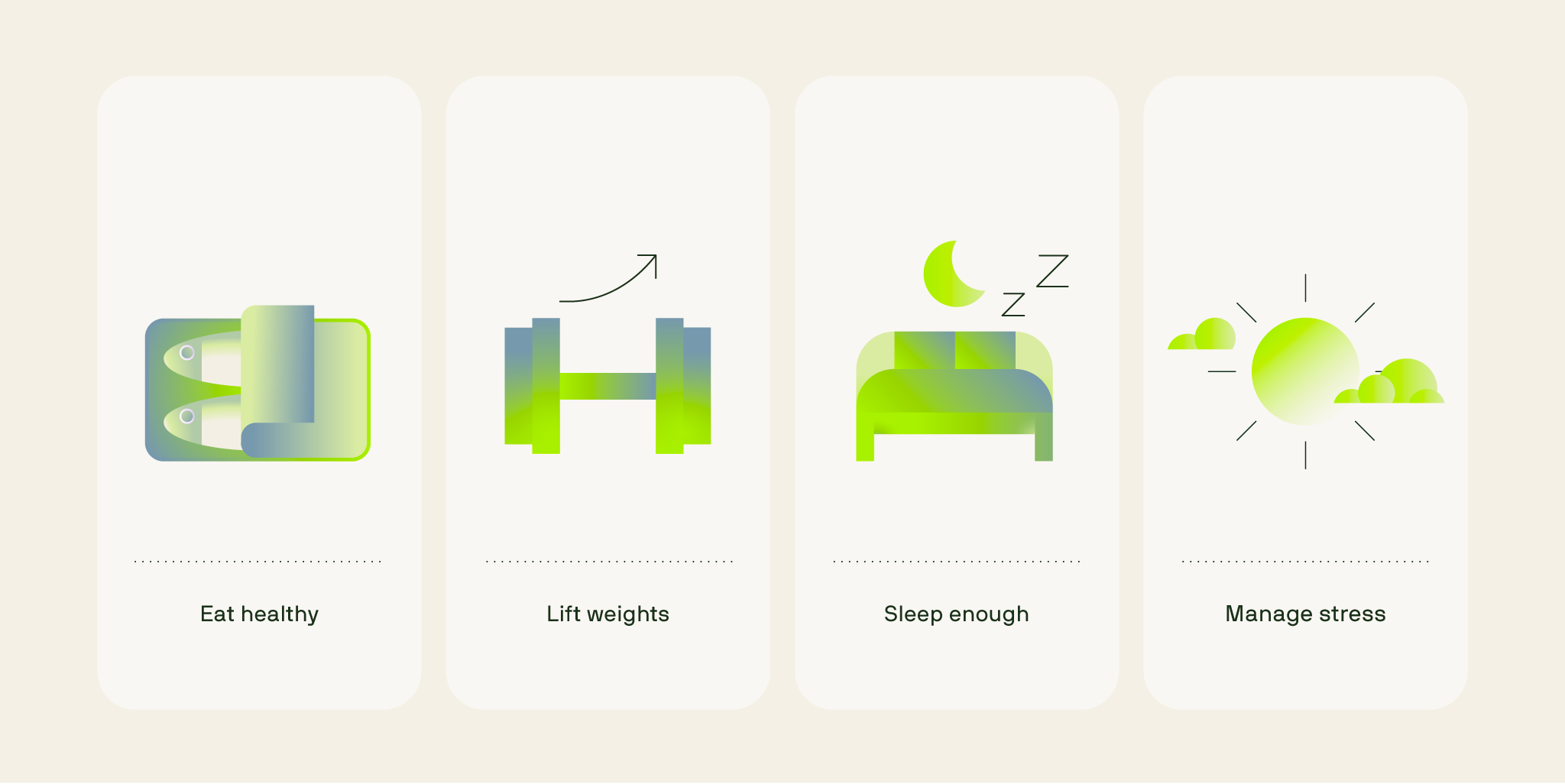Natural ways to boost testosterone, showing healthy eating, weight training, good sleep and stress control.