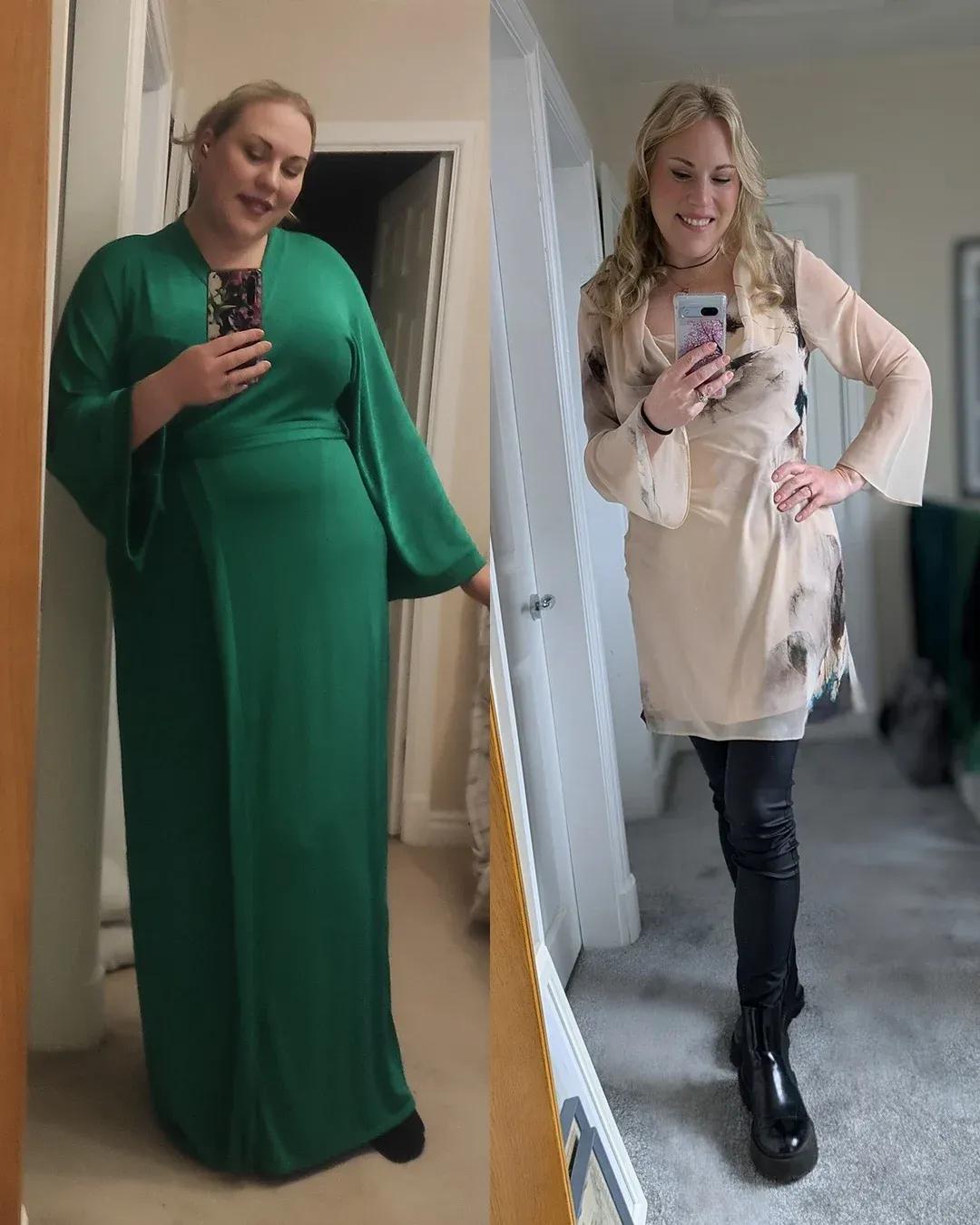 Side-by-side comparison of a woman before and after using Wegovy for weight loss, showing a noticeable transformation in her appearance.