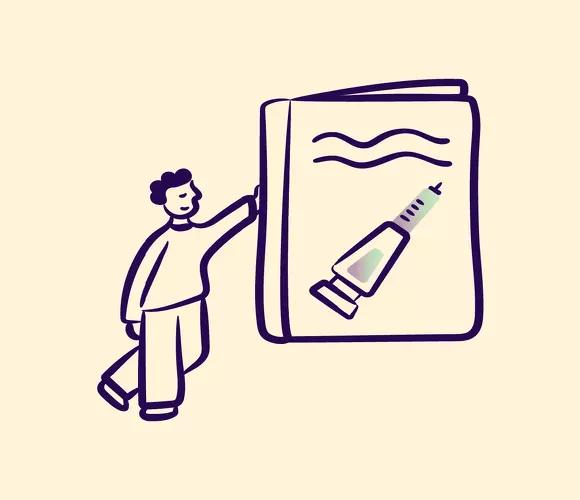 Illustration of a person pointing to a guidebook featuring a syringe, representing information about Wegovy doses for weight loss.