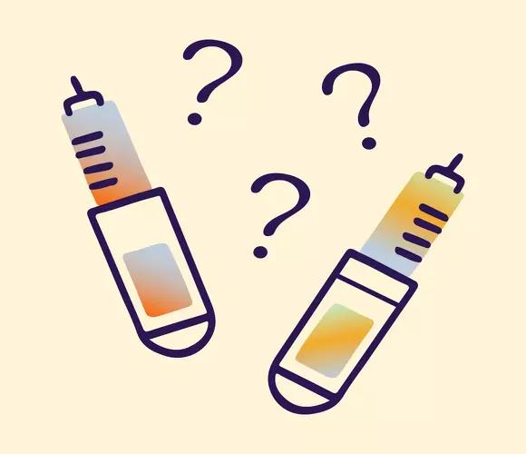 Illustration of two injection pens with question marks, representing a comparison between Mounjaro and Wegovy weight loss treatments.