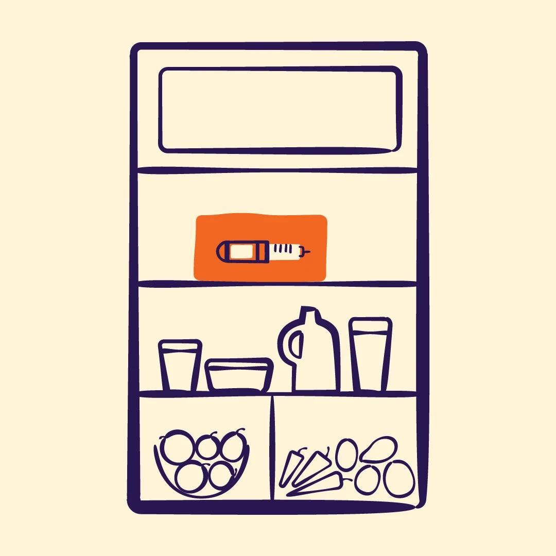 Illustration of a fridge with an injection pen, representing proper storage for Mounjaro.