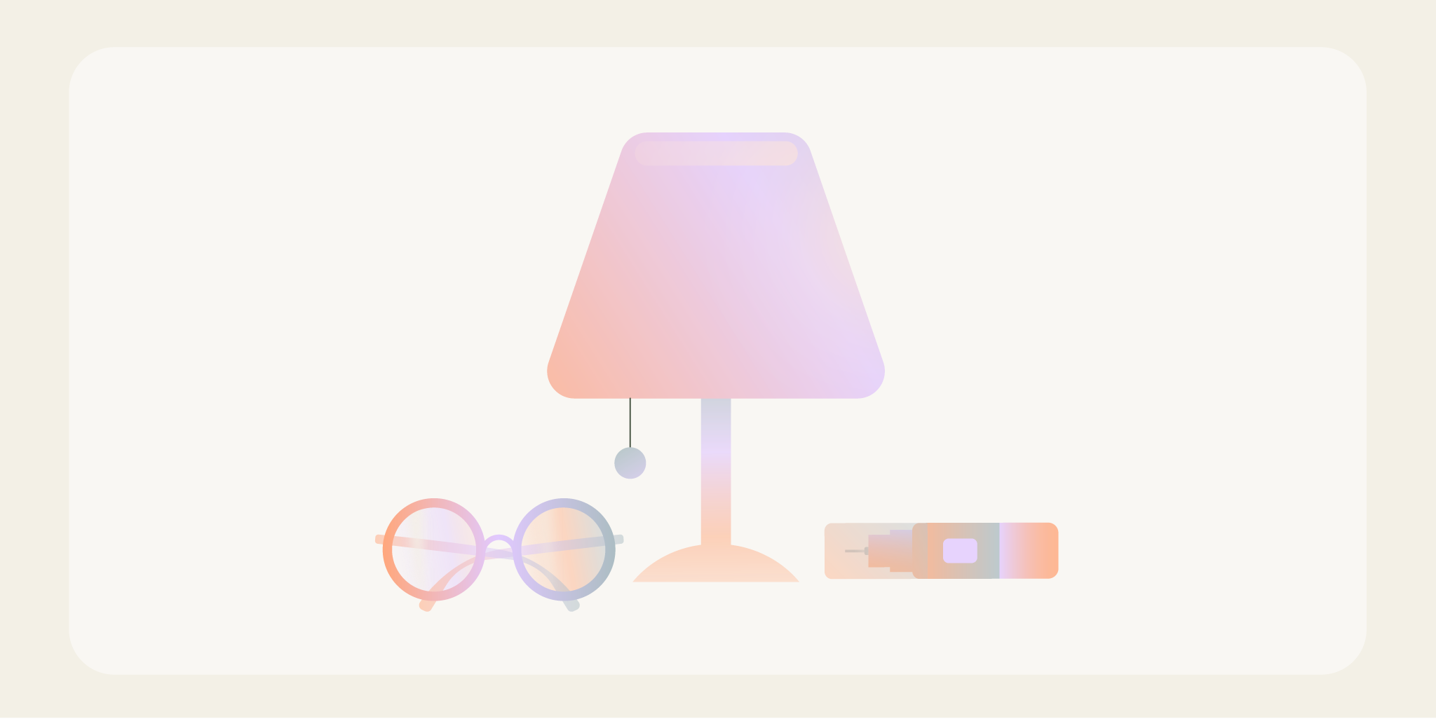 Illustration of a bedside table with a lamp, a GLP-1 injection pen and a pair of glasses.
