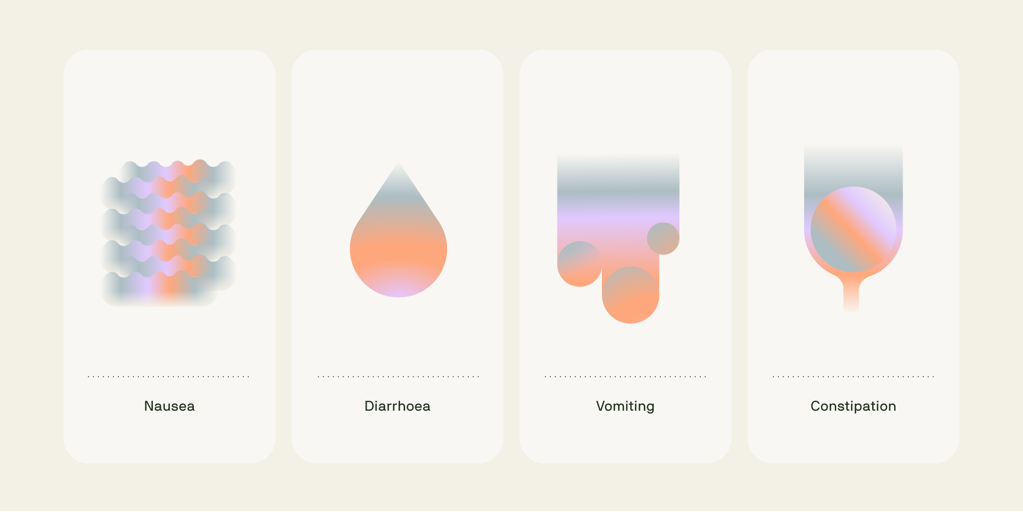 Icons representing common retatrutide side effects: nausea, diarrhoea, vomiting and constipation.
