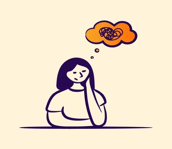 Illustration of a concerned person with a thought bubble containing a tangled knot, symbolising confusion or worry about Wegovy side effects.