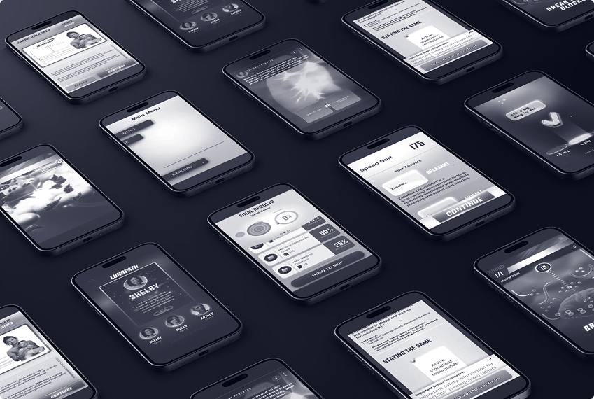 Multiple smartphones displaying in-app medical learning games for HCPs