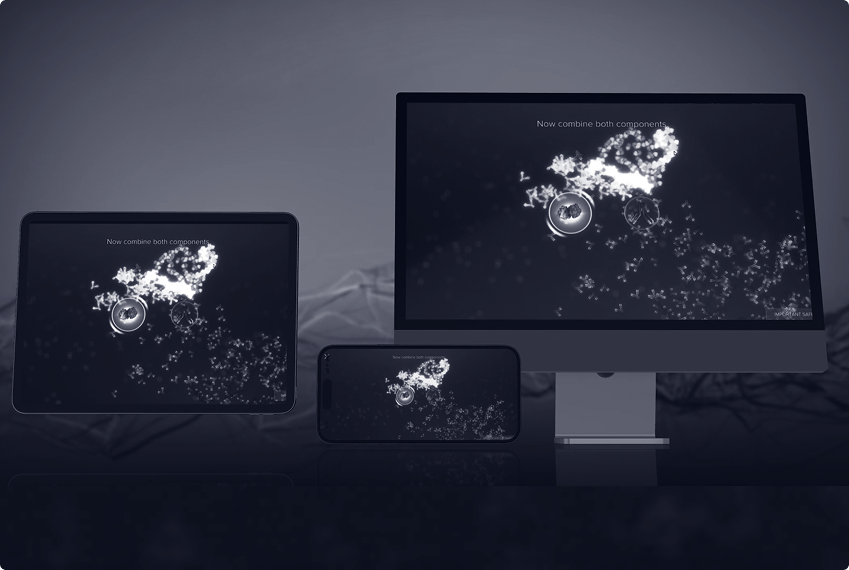 Medical learning game displayed on desktop, tablet, and smartphone screens