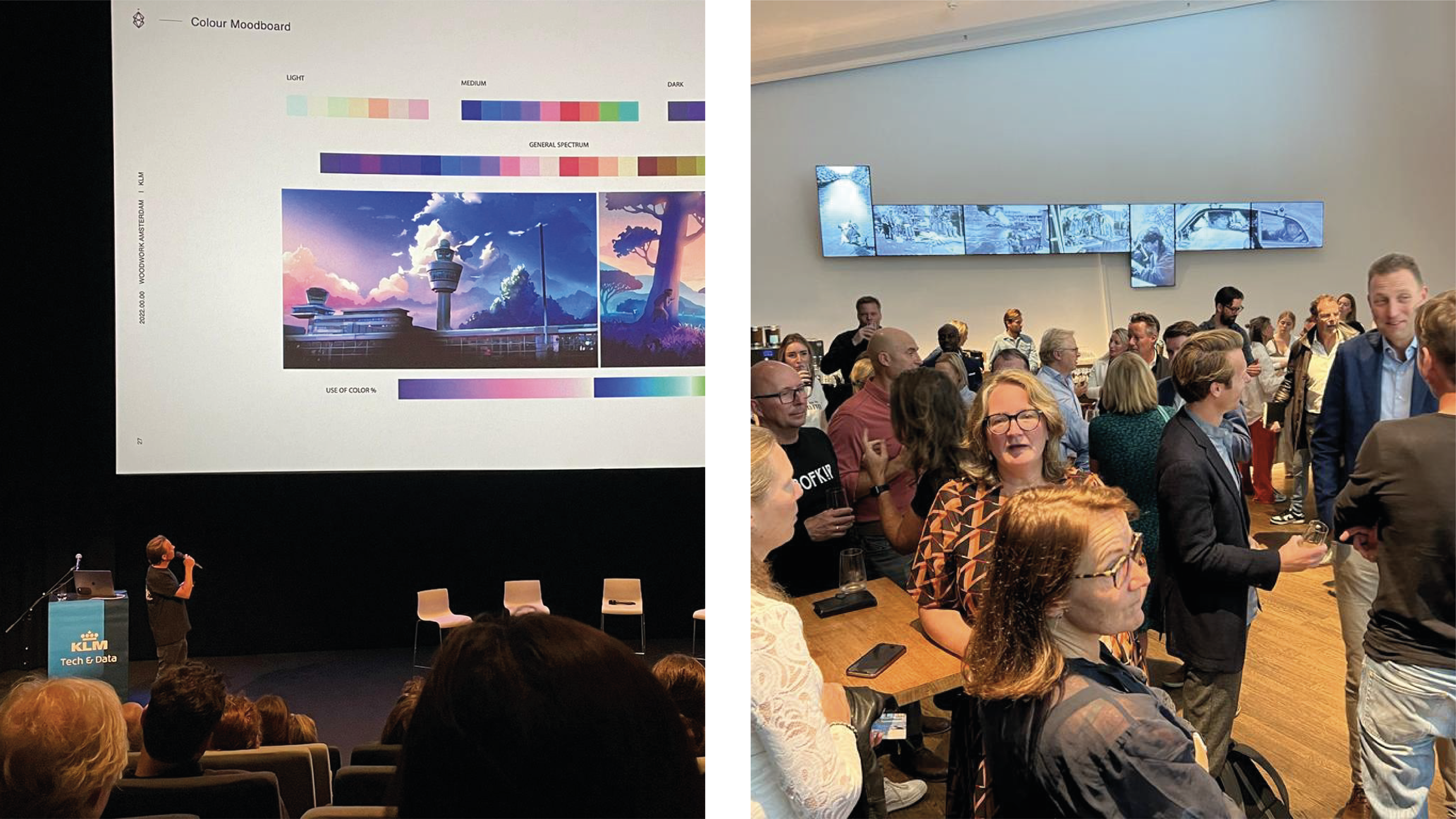 Foto van presentatie in Eye over kleurgebruik, foto van evenement in Eye met medewerkers van KLM