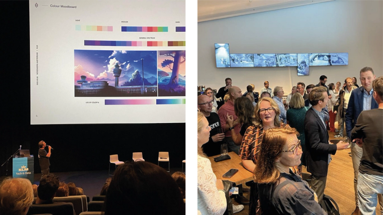 Foto van presentatie in Eye over kleurgebruik, foto van evenement in Eye met medewerkers van KLM