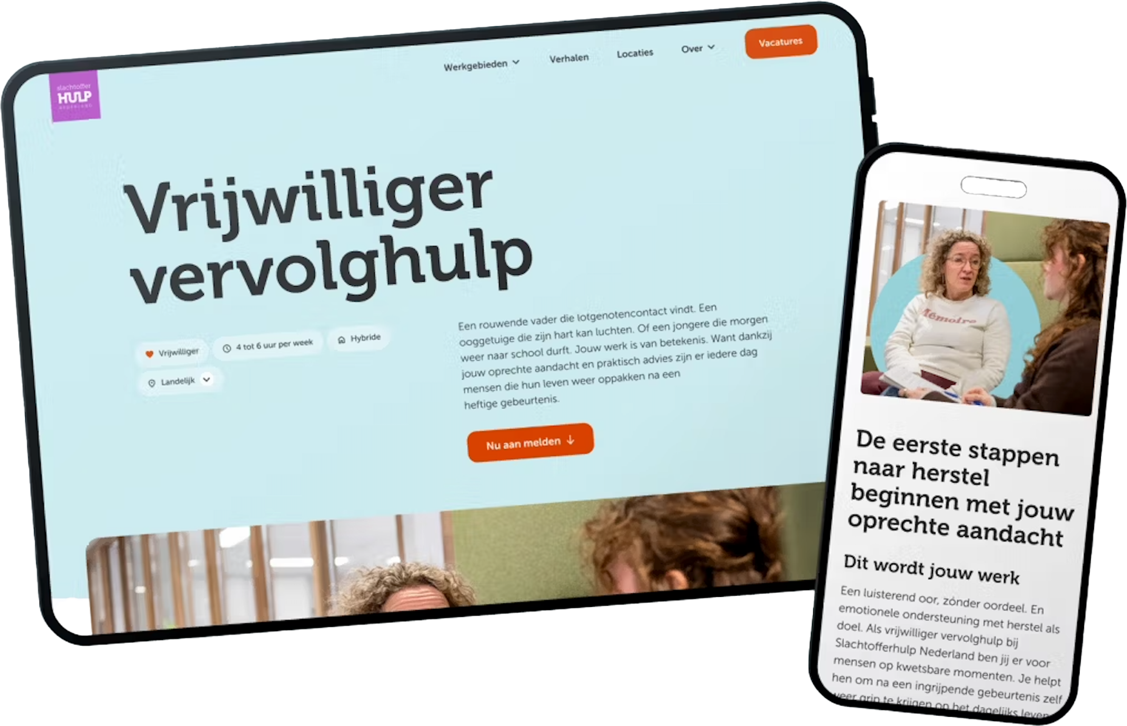 Tablet met de homepage van de recruitmentsite en smartphone van een artikel