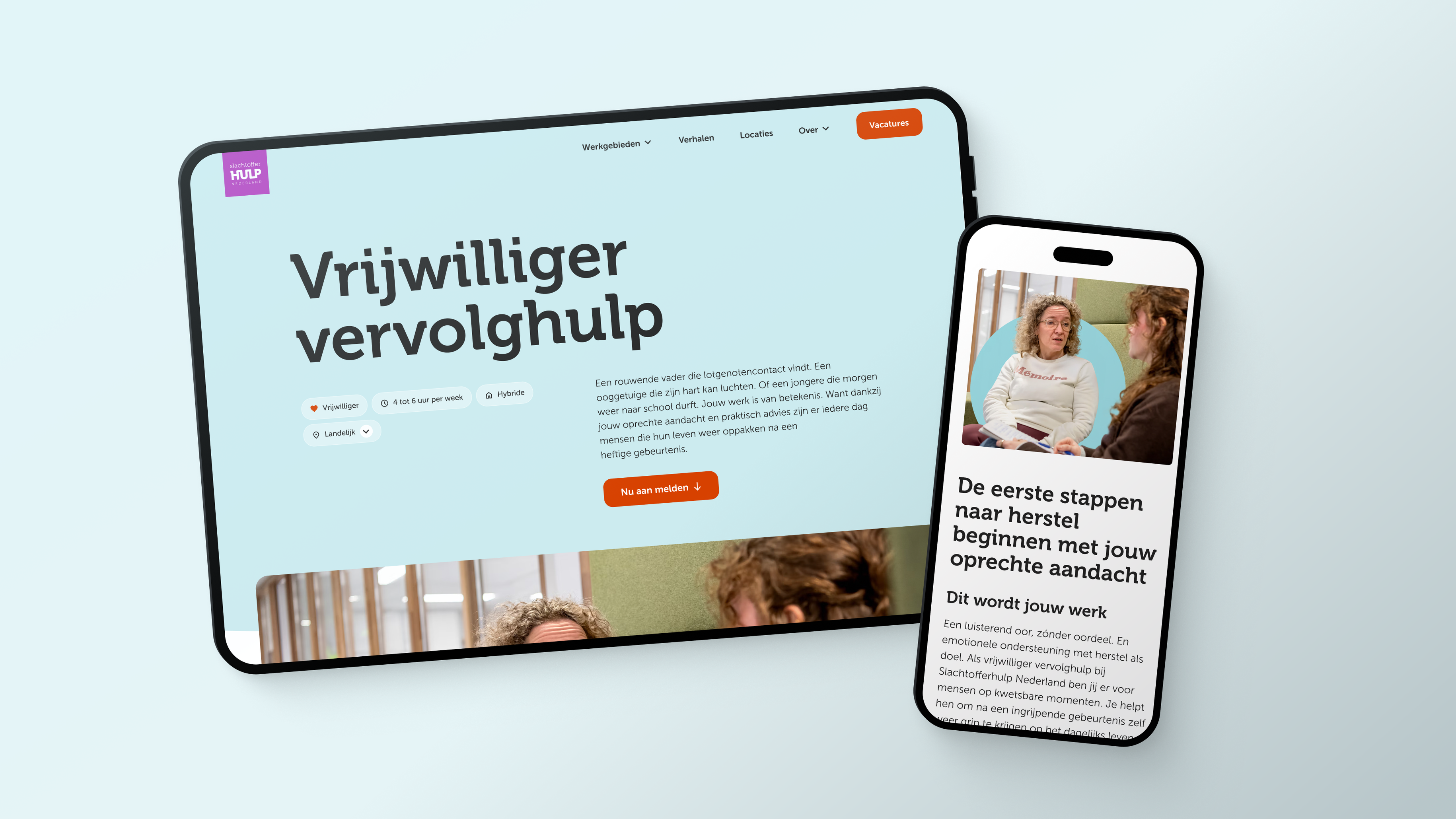 Webpagina met een vacature voor 'Vrijwilliger vervolghulp' op de website van Slachtofferhulp op tablet en mobiele telefoon.
