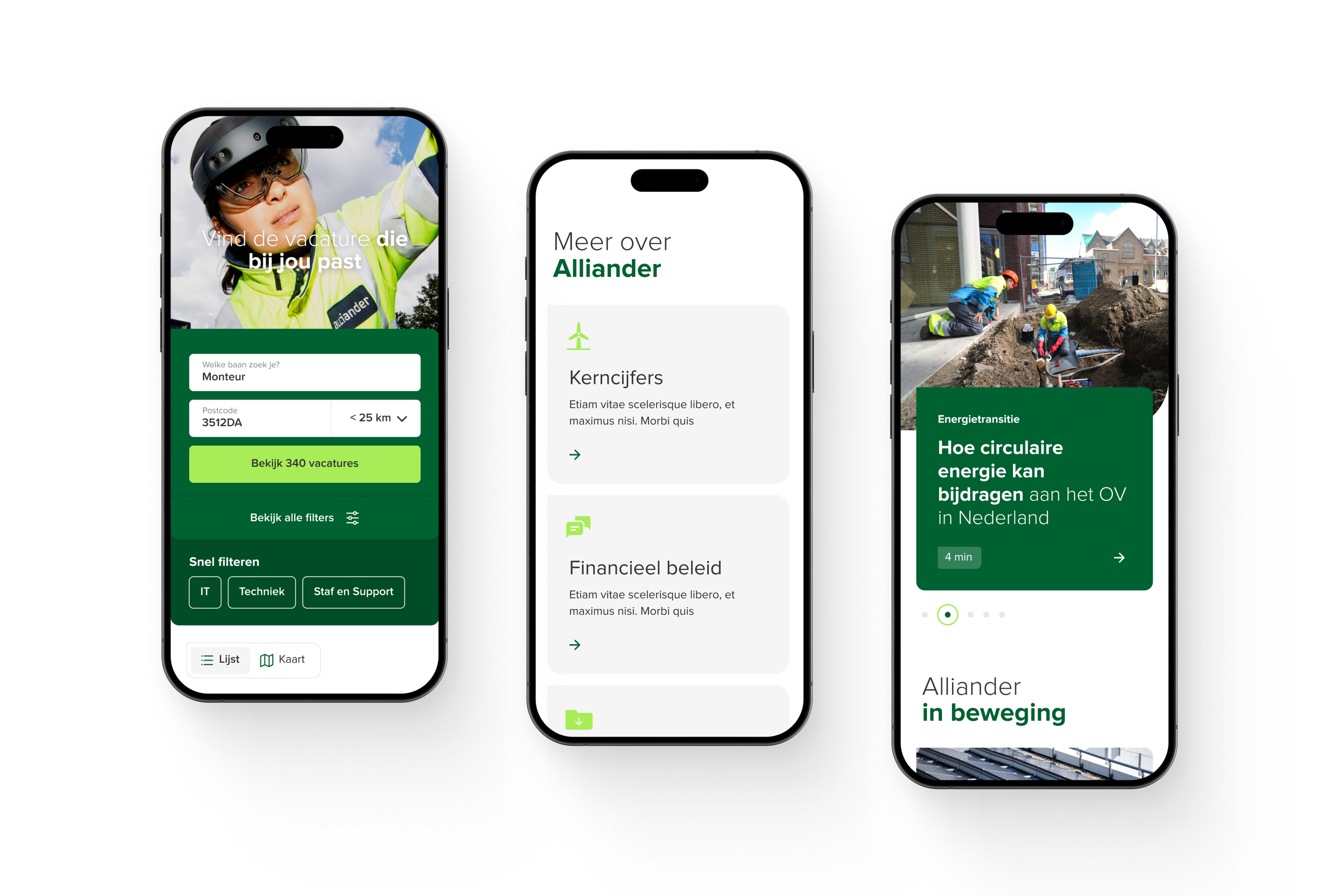Drie telefoons met verschillende onderdelen binnen de Alliander platformen
