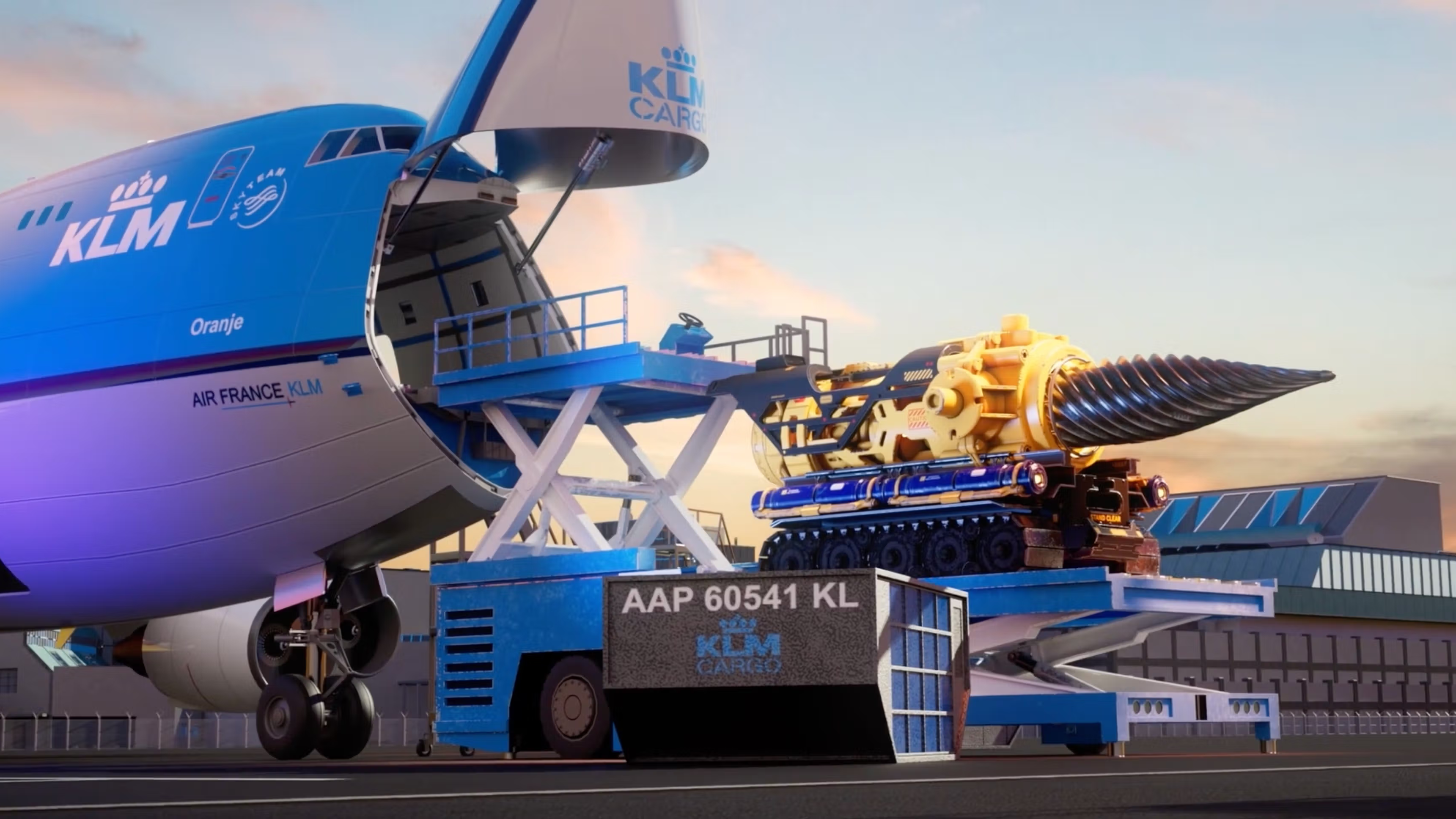 KLM vliegtuig dat een futuristische boor inlaadt