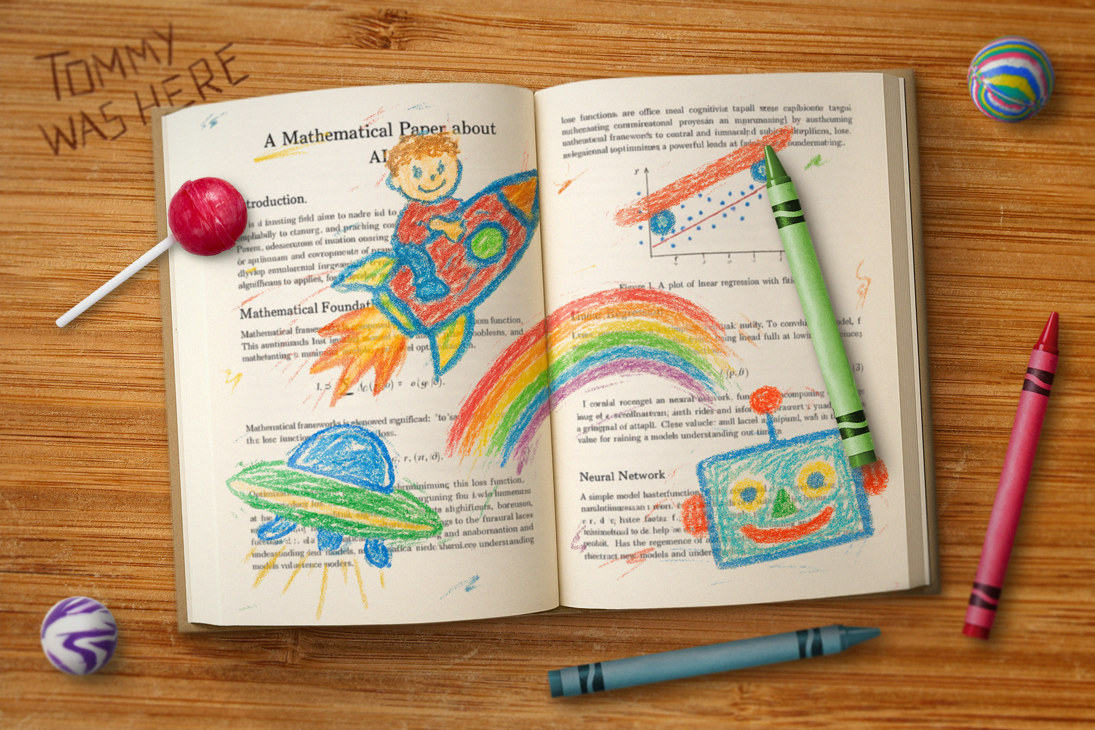 Boek vol krabbels van een regenboog en een raket