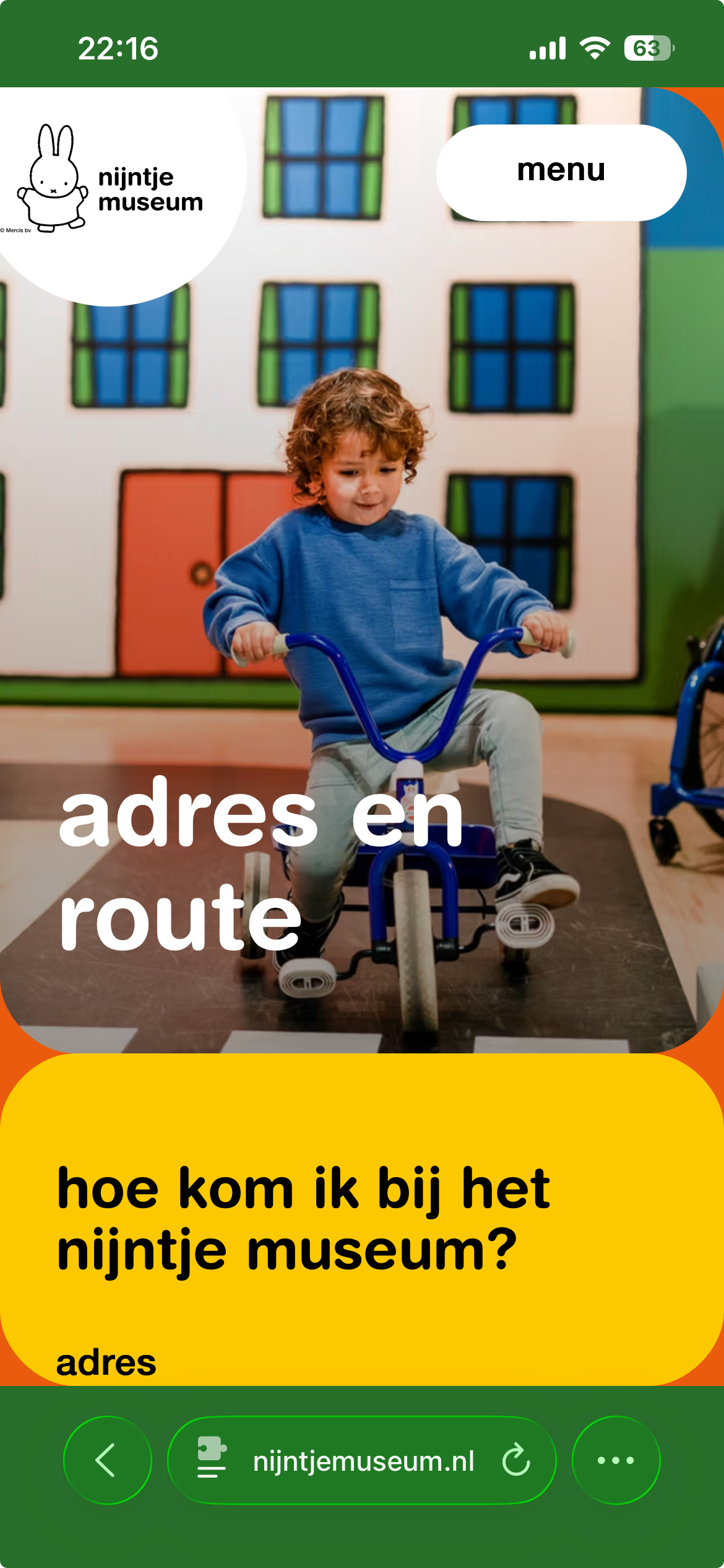 Adres en route op de mobiele site van nijntje museum