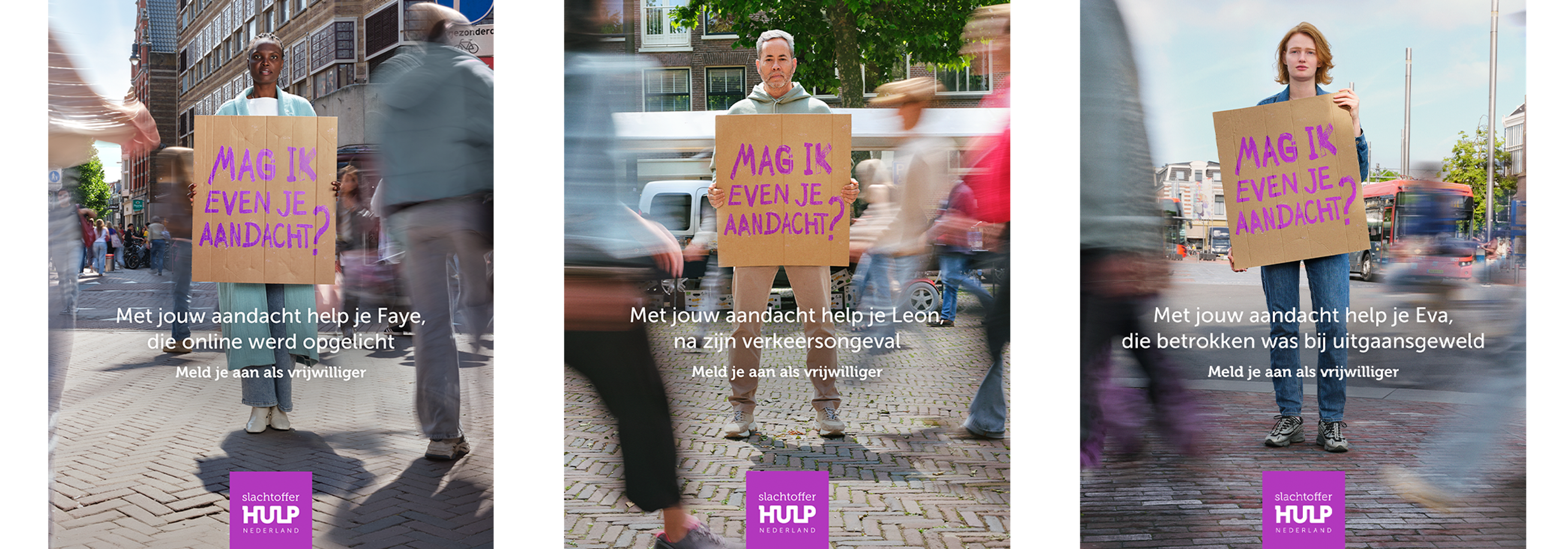 Campagnebeeld - dame met bord "Mag ik even je aandacht" in het midden van een drukke winkelstraat