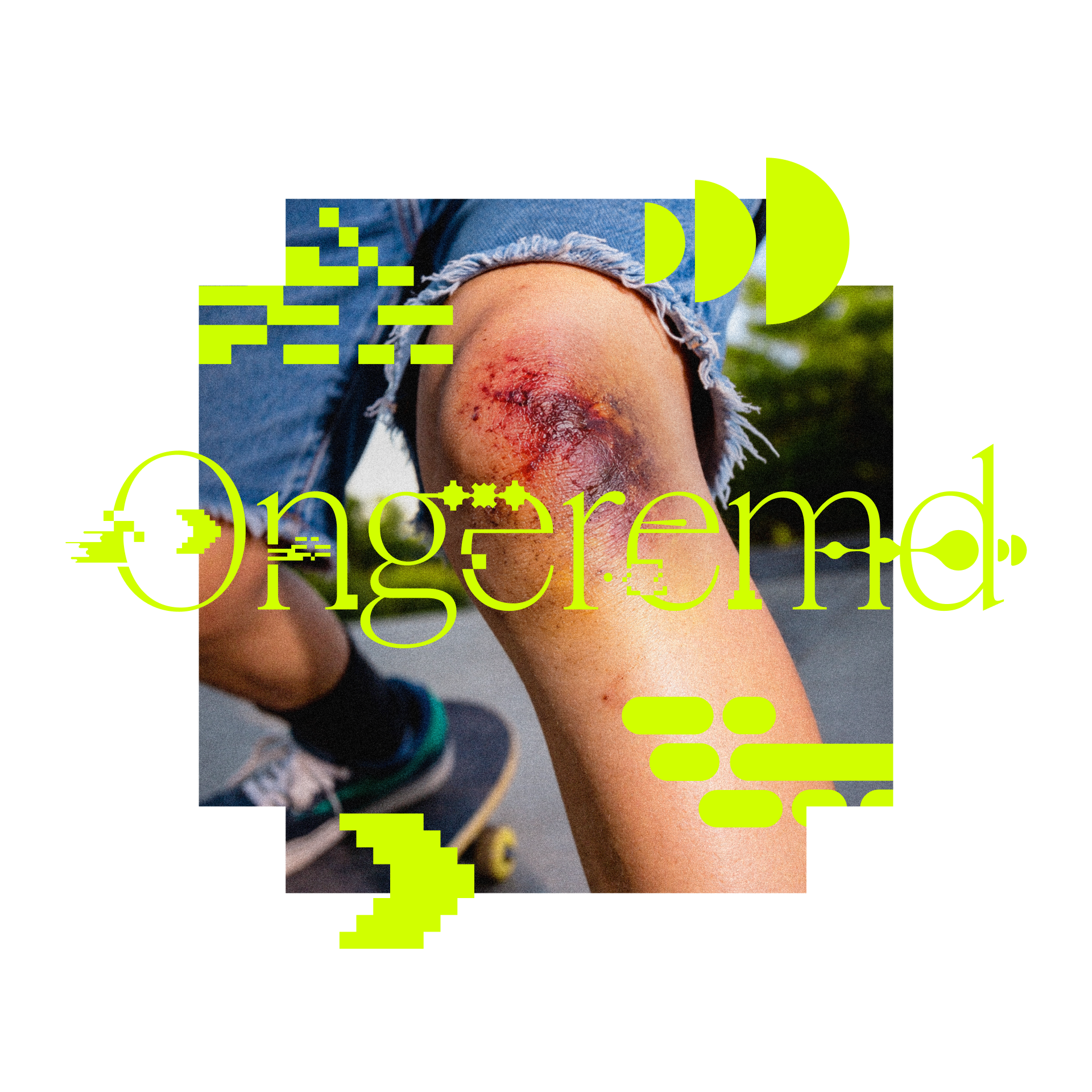 Afbeelding van geschaafde knie met "Ongeremd" er overheen