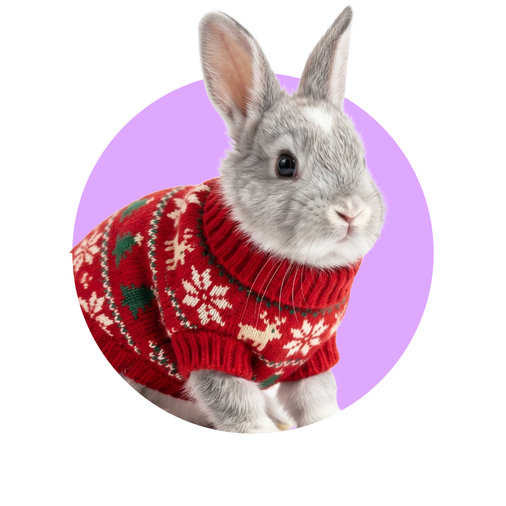 Konijn met een kersttrui aan