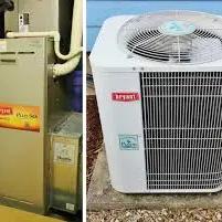 An aging indoor furnace next to an outdoor Bryant air conditioning unit
