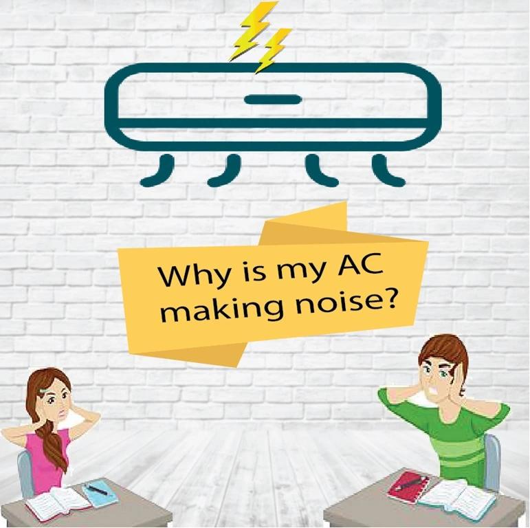 Cartoon of two people covering their ears under a wall air conditioner, captioned "Why is my AC making noise?"