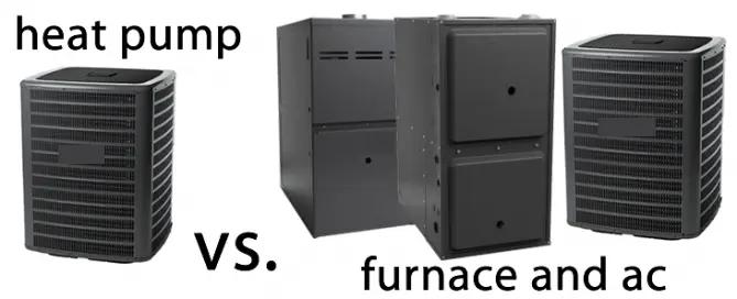 A heat pump unit beside a furnace and air conditioner, captioned "heat pump vs. furnace and ac"