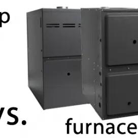 A heat pump unit beside a furnace and air conditioner, captioned "heat pump vs. furnace and ac"