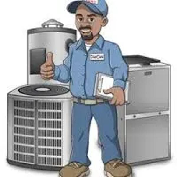 Cartoon HVAC technician giving a thumbs up beside an air conditioner and furnace