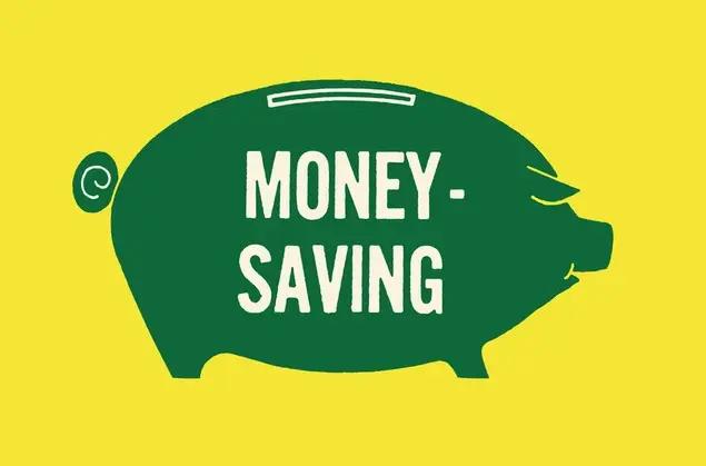 Green piggy bank graphic reading "Money-saving" on a yellow background