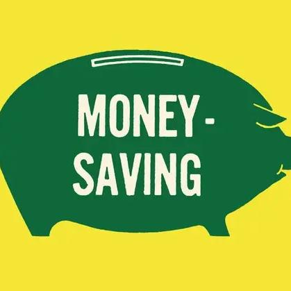 Green piggy bank graphic reading "Money-saving" on a yellow background