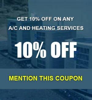 Coupon graphic reading "Get 10% off on any A/C and heating services, mention this coupon"