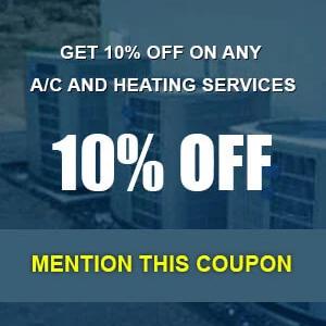 Coupon graphic reading "Get 10% off on any A/C and heating services, mention this coupon"