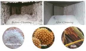Air duct before and after cleaning, with close-ups of household mold, pollen and dust