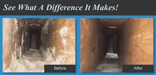 Before-and-after view inside an air duct, dirty then cleaned