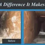 Before-and-after view inside an air duct, dirty then cleaned