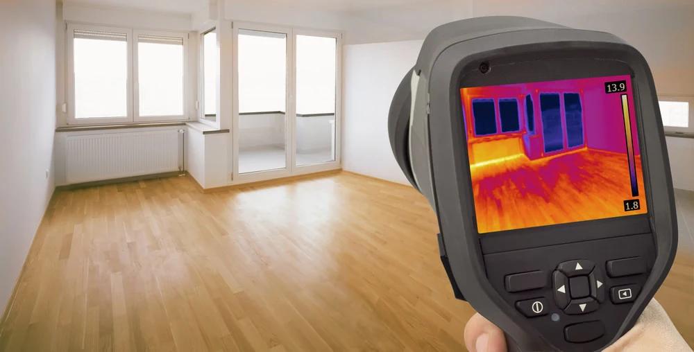 Thermal imaging camera pointed at an empty room, showing heat loss at the windows