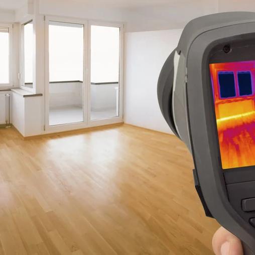 Thermal imaging camera pointed at an empty room, showing heat loss at the windows